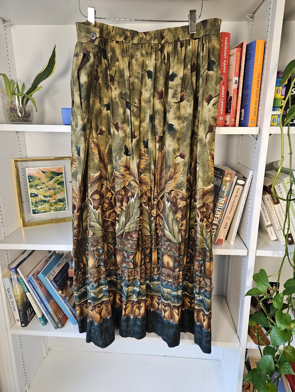Vintage Flowing Olive Green Patterned Maxi Skirt Size 20W Boho Fairy Festival